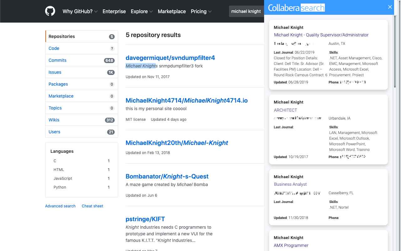 Collabera Search — candidate view (GitHub 2)
